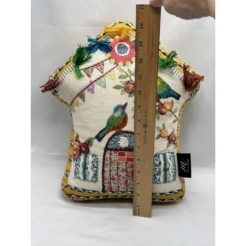 Milli Home Birdhouse Boho Applique Throw Pillow Tassels Multi-color NWOT COTTAGE